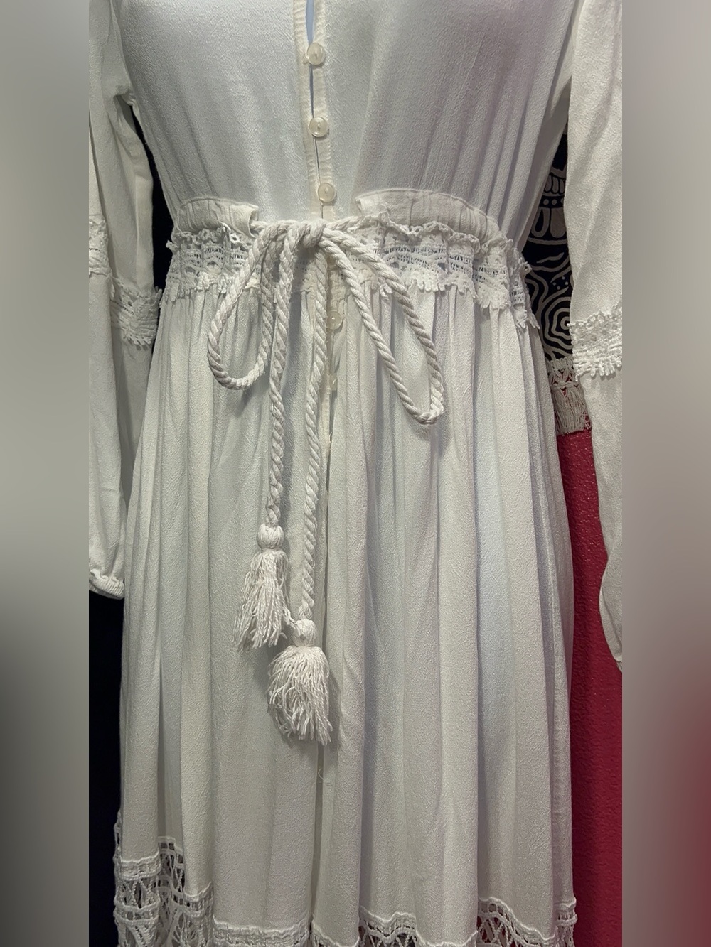 White Lace-Trim Maxi Dress with Tie Waist - Picture 3 of 10